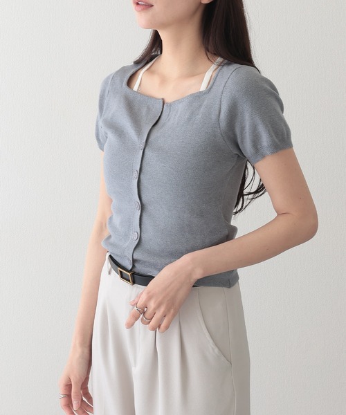 Lace Ladies（レースレディース）の「レース付き ブラトップ ドッキング 半袖 ニット カーディガン（ニット/セーター・レディース・イエロー/アイボリー/グレー・FREE）」の3枚目の写真
