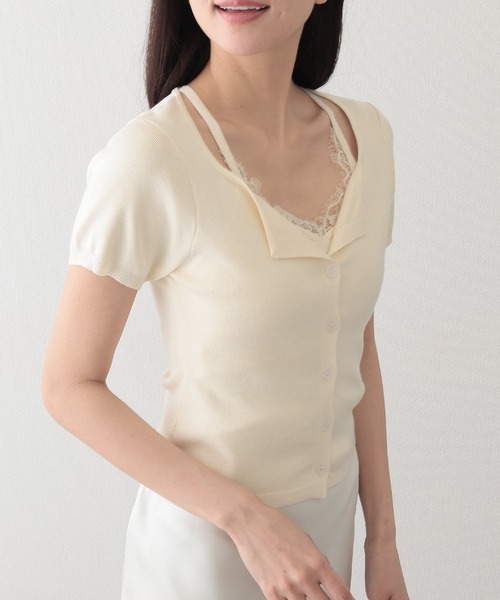 Lace Ladies（レースレディース）の「レース付き ブラトップ ドッキング 半袖 ニット カーディガン（ニット/セーター・レディース・イエロー/アイボリー/グレー・FREE）」の4枚目の写真