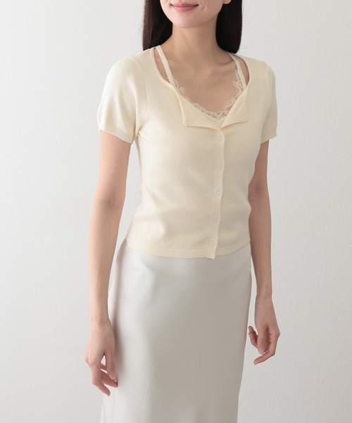 Lace Ladies（レースレディース）の「レース付き ブラトップ ドッキング 半袖 ニット カーディガン（ニット/セーター・レディース・イエロー/アイボリー/グレー・FREE）」の7枚目の写真