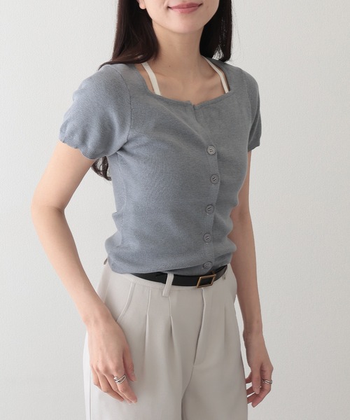 Lace Ladies（レースレディース）の「レース付き ブラトップ ドッキング 半袖 ニット カーディガン（ニット/セーター・レディース・イエロー/アイボリー/グレー・FREE）」の14枚目の写真