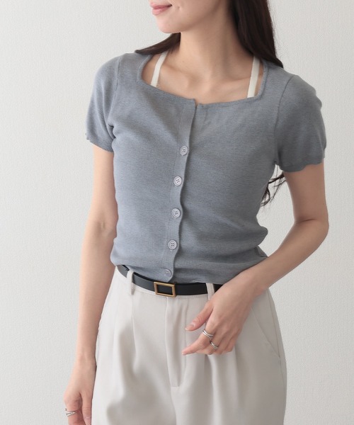 Lace Ladies（レースレディース）の「レース付き ブラトップ ドッキング 半袖 ニット カーディガン（ニット/セーター・レディース・イエロー/アイボリー/グレー・FREE）」の16枚目の写真