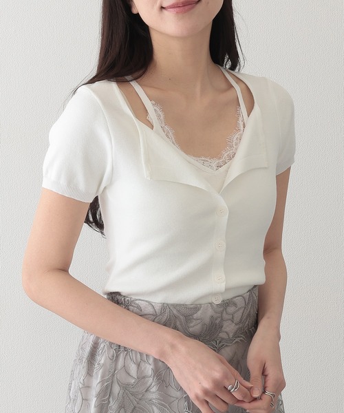 Lace Ladies（レースレディース）の「レース付き ブラトップ ドッキング 半袖 ニット カーディガン（ニット/セーター・レディース・イエロー/アイボリー/グレー・FREE）」の9枚目の写真