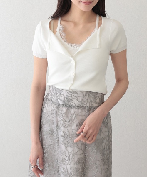 Lace Ladies（レースレディース）の「レース付き ブラトップ ドッキング 半袖 ニット カーディガン（ニット/セーター・レディース・イエロー/アイボリー/グレー・FREE）」の11枚目の写真