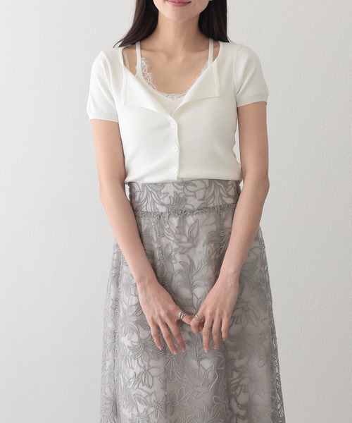 Lace Ladies（レースレディース）の「レース付き ブラトップ ドッキング 半袖 ニット カーディガン（ニット/セーター・レディース・イエロー/アイボリー/グレー・FREE）」の13枚目の写真