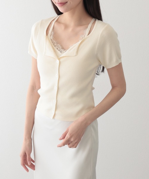 Lace Ladies（レースレディース）の「レース付き ブラトップ ドッキング 半袖 ニット カーディガン（ニット/セーター・レディース・イエロー/アイボリー/グレー・FREE）」の5枚目の写真