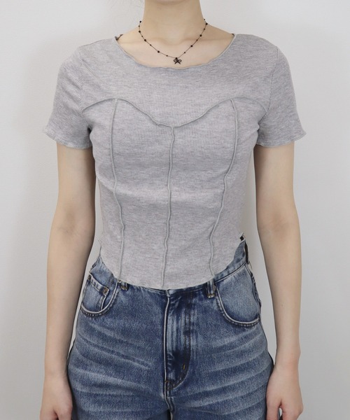 Reurie'(レウリィ)の「ビスチェメロウトップ/bustier mellow top 半袖 クロップド丈 シンプル カジュアル 韓国 Y2K ワンホン 大人カジュアル きれいめ(Tシャツ/カットソー・レディース・ブラック/グレー・FREE)」の14枚目の写真