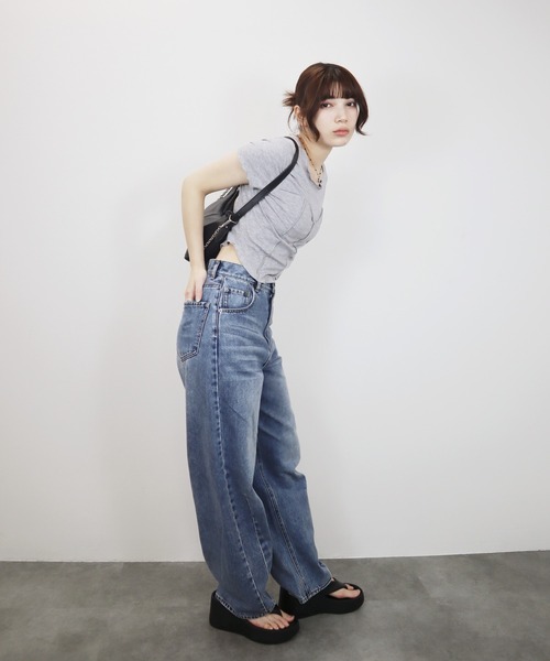 Reurie'(レウリィ)の「ビスチェメロウトップ/bustier mellow top 半袖 クロップド丈 シンプル カジュアル 韓国 Y2K ワンホン 大人カジュアル きれいめ(Tシャツ/カットソー・レディース・ブラック/グレー・FREE)」の16枚目の写真
