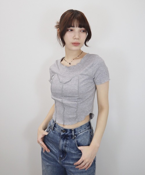 Reurie'(レウリィ)の「ビスチェメロウトップ/bustier mellow top 半袖 クロップド丈 シンプル カジュアル 韓国 Y2K ワンホン 大人カジュアル きれいめ(Tシャツ/カットソー・レディース・ブラック/グレー・FREE)」の17枚目の写真