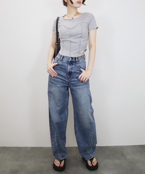 Reurie'(レウリィ)の「ビスチェメロウトップ/bustier mellow top 半袖 クロップド丈 シンプル カジュアル 韓国 Y2K ワンホン 大人カジュアル きれいめ(Tシャツ/カットソー・レディース・ブラック/グレー・FREE)」の18枚目の写真