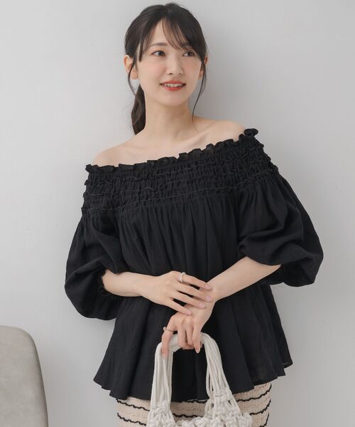 ブラウス シャツ レトロチェックオフショルギャザートップス レディース セール】ギャザー2wayオフショルBL（シャツ/ブラウス）｜RETRO