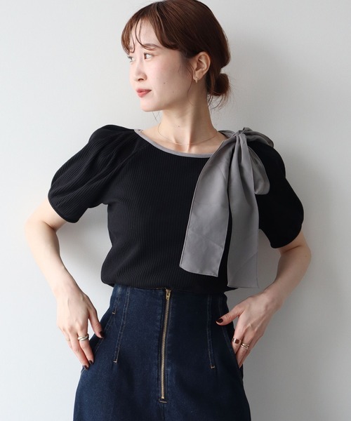 セール】アシメ肩リボンカットソー（Tシャツ/カットソー