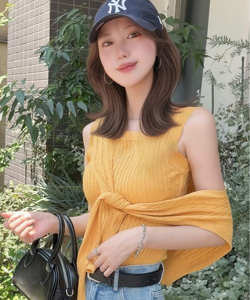 CHARME BY MICOLA（シャルムバイミコラ）の「今っぽ！遊び心のあるデザイン♪フェイクセーラーカーデ付ノースリサマーニットトップス（ニット/セーター・レディース・ライトブルー/イエロー/ホワイト・FREE）」の5枚目の写真