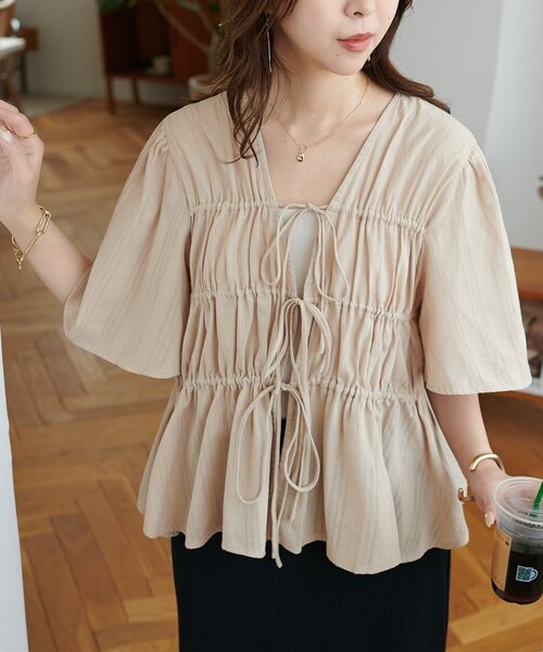 セール】ドビーストライプ前リボンブラウス5分袖（シャツ/ブラウス