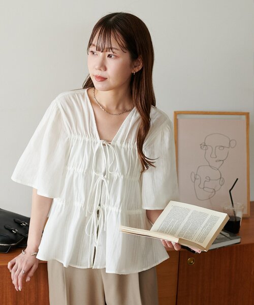 【タグ付き新品】ドビーストライプ前リボンブラウス5分袖 セール】ドビーストライプ前リボンブラウス5分袖（シャツ/ブラウス