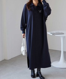 バックプリントポロ襟裏毛ワンピース