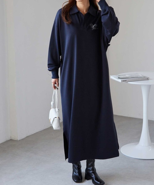 RANAN(ラナン)の「バックプリントポロ襟裏毛ワンピース(ワンピース・レディース・オートミール/ネイビー・M)」の2枚目の写真