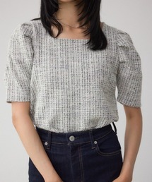 AZUL by moussy（アズールバイマウジー）の「カットツイード袖ギャザートップス（Tシャツ/カットソー・レディース）」
