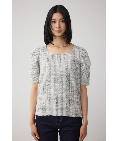 AZUL by moussy(アズールバイマウジー)の「カットツイード袖ギャザートップス(Tシャツ/カットソー・レディース・レッド/アイボリー/ブラック・FREE)」の7枚目の写真