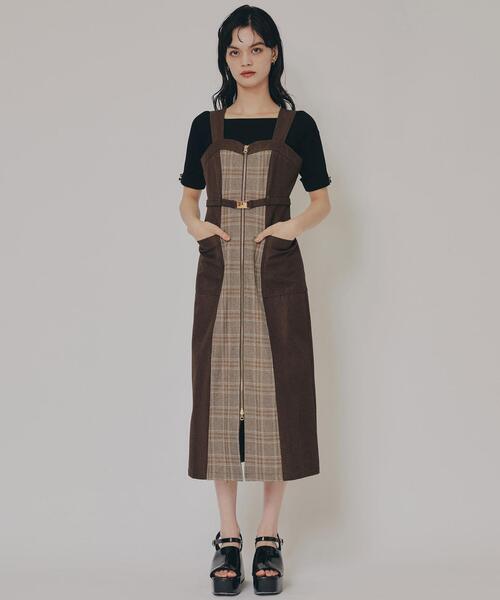 セール】フロントジップバイカラーチェックワンピース（ワンピース