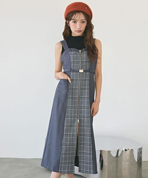 フロントジップバイカラーチェックワンピース（ワンピース）｜REDYAZEL