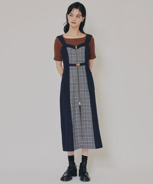 フロントジップバイカラーチェックワンピース（ワンピース）｜REDYAZEL