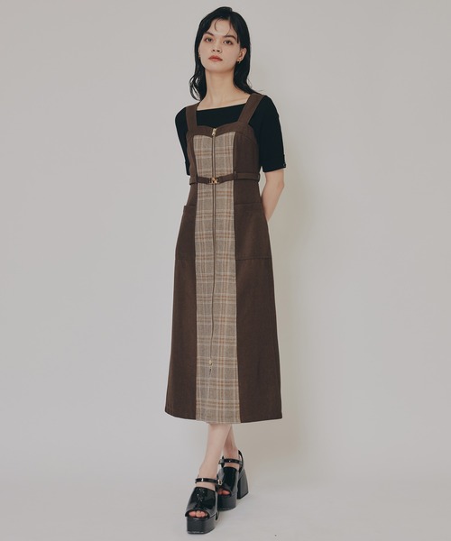 セール】フロントジップバイカラーチェックワンピース（ワンピース