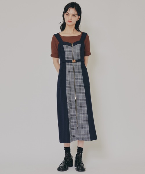 フロントジップバイカラーチェックワンピース（ワンピース）｜REDYAZEL