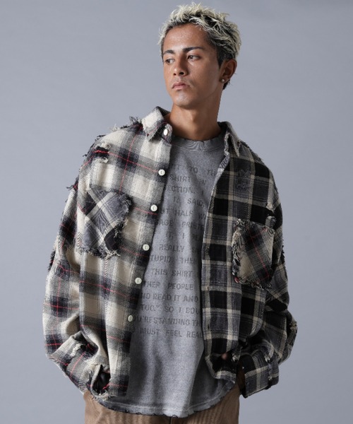 ダメージ加工オーバーサイズチェックシャツ ダンケシェーン LHP DankeSchon/ダンケシェーン/PIGMENT DAMAGE FLANNEL CHECK LONG SLEEVE