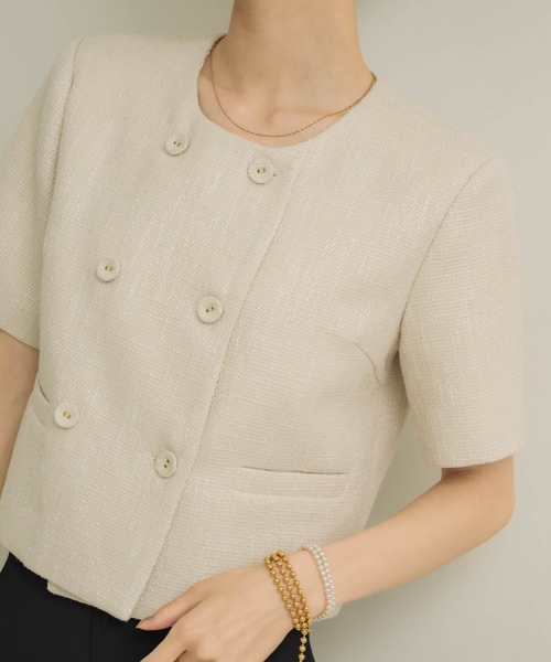 NEUNA（ヌナ）の「【セットアップ可能！】ツイードショートハーフジャケット（テーラードジャケット・レディース・ブラック/ブルー/アイボリー・FREE）」の4枚目の写真