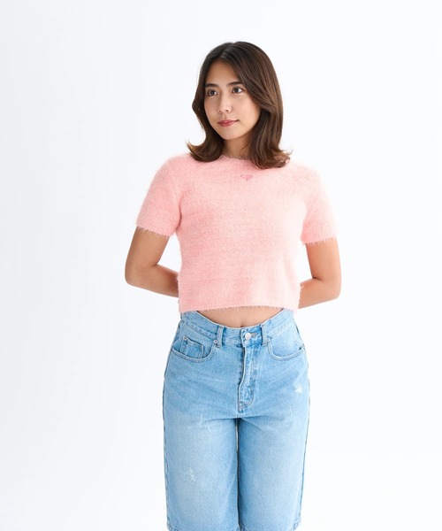 ROXY(ロキシー)の「MAKEUP /ロキシーショート丈ロゴワンポイント半袖シャギーニット(ニット/セーター・レディース・ピンク/グリーン/グレー・LARGE/MEDIUM/SMALL)」の3枚目の写真
