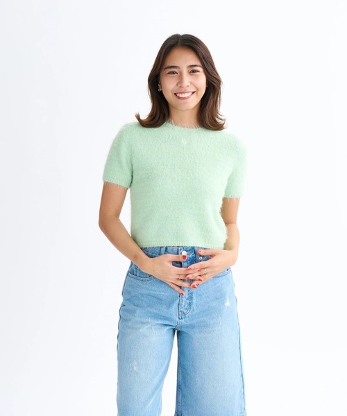 ROXY(ロキシー)の「MAKEUP /ロキシーショート丈ロゴワンポイント半袖シャギーニット(ニット/セーター・レディース・ピンク/グリーン/グレー・LARGE/MEDIUM/SMALL)」の1枚目の写真