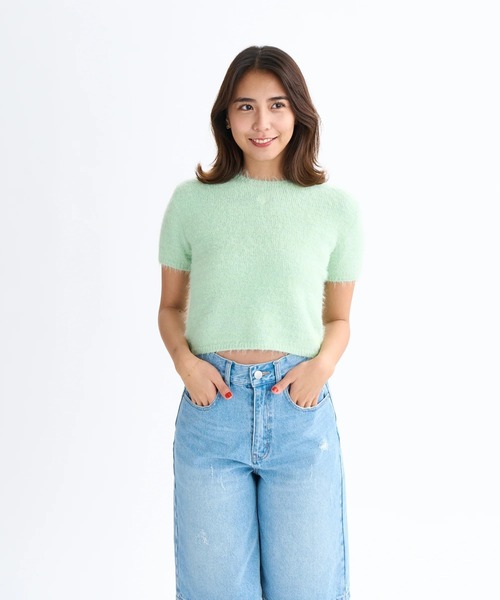 ROXY(ロキシー)の「MAKEUP /ロキシーショート丈ロゴワンポイント半袖シャギーニット(ニット/セーター・レディース・ピンク/グリーン/グレー・LARGE/MEDIUM/SMALL)」の9枚目の写真