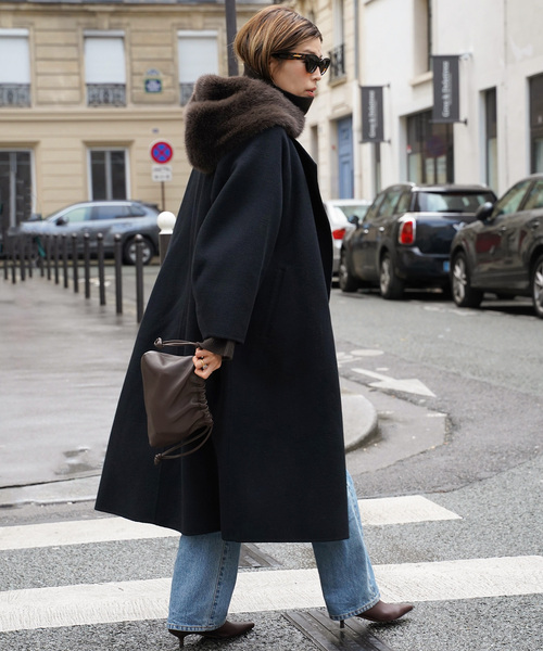 【23区】アンゴラ混ノーカラーコート 黒　ブラック ウールアンゴラ ノーカラーコート（ノーカラーコート）｜Deuxieme