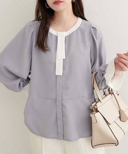 natural couture(ナチュラルクチュール)の「配色ボウタイペプラムブラウス(シャツ/ブラウス・レディース・ネイビー/ブラウン/ホワイト系その他/ベージュ系その他/グレー・FREE)」の10枚目の写真