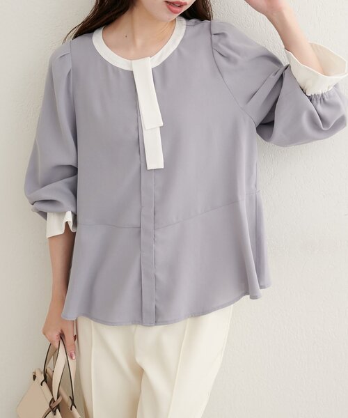 natural couture(ナチュラルクチュール)の「配色ボウタイペプラムブラウス(シャツ/ブラウス・レディース・ネイビー/ブラウン/ホワイト系その他/ベージュ系その他/グレー・FREE)」の11枚目の写真