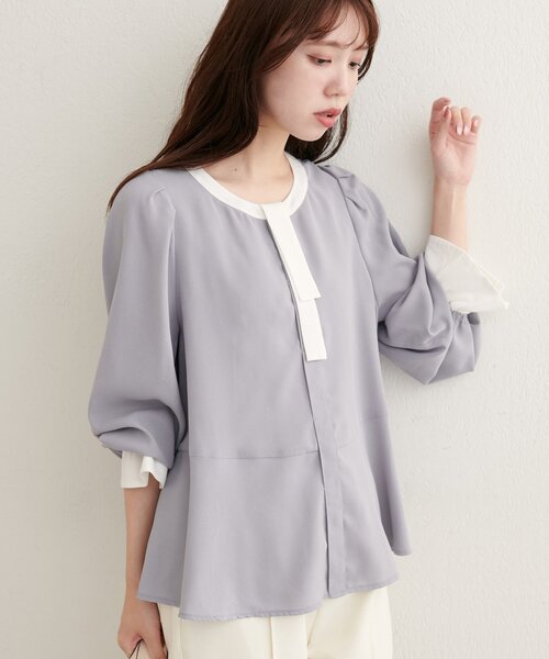 natural couture(ナチュラルクチュール)の「配色ボウタイペプラムブラウス(シャツ/ブラウス・レディース・ネイビー/ブラウン/ホワイト系その他/ベージュ系その他/グレー・FREE)」の12枚目の写真