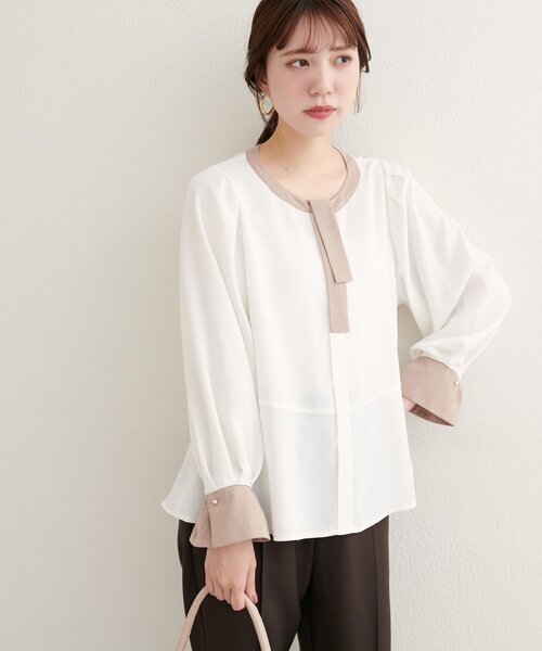natural couture(ナチュラルクチュール)の「配色ボウタイペプラムブラウス(シャツ/ブラウス・レディース・ネイビー/ブラウン/ホワイト系その他/ベージュ系その他/グレー・FREE)」の6枚目の写真