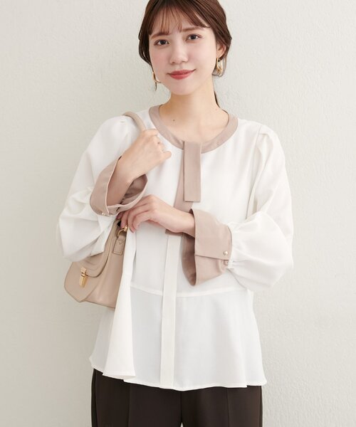 natural couture(ナチュラルクチュール)の「配色ボウタイペプラムブラウス(シャツ/ブラウス・レディース・ネイビー/ブラウン/ホワイト系その他/ベージュ系その他/グレー・FREE)」の7枚目の写真