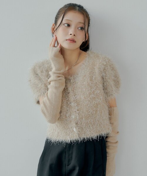 リブアームウォーマー付シャギー半袖ニット（ニット/セーター