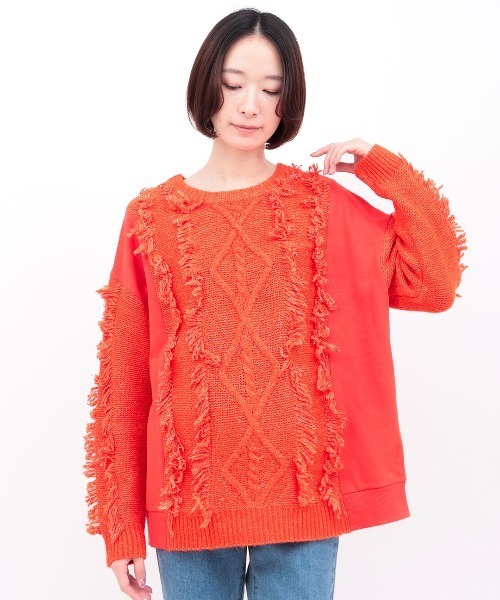 チチカカ（チチカカ）の「ケーブルフリンジコンビプルオーバー（ニット/セーター・レディース・オレンジ/ベージュ/チャコールグレー・FREE）」の9枚目の写真