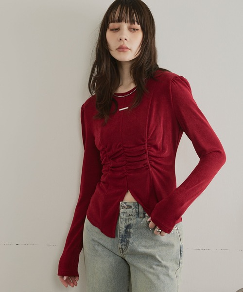 ELLEgirl（エルガール）の「フロントスリットシャーリングデザイントップス【ELLEgirl/エルガール】（Tシャツ/カットソー・レディース・ブラウン/レッド・FREE）」の5枚目の写真