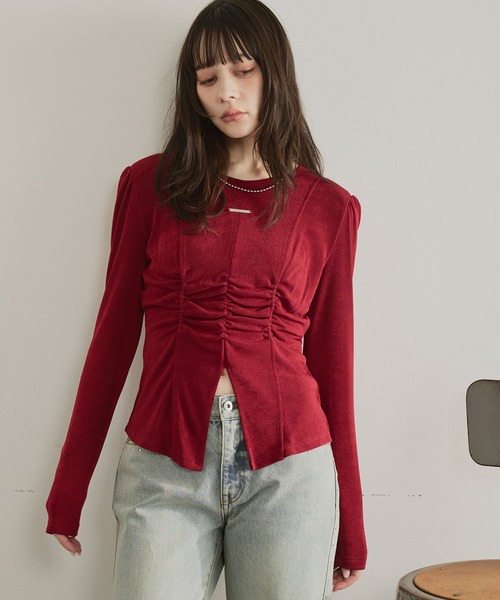 ELLEgirl（エルガール）の「フロントスリットシャーリングデザイントップス【ELLEgirl/エルガール】（Tシャツ/カットソー・レディース・ブラウン/レッド・FREE）」の6枚目の写真