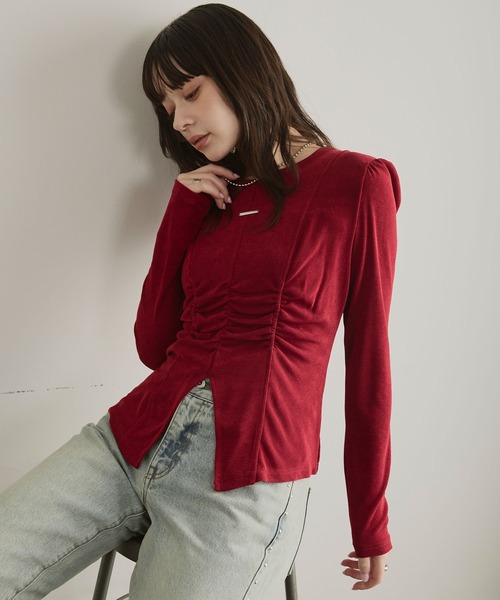 ELLEgirl（エルガール）の「フロントスリットシャーリングデザイントップス【ELLEgirl/エルガール】（Tシャツ/カットソー・レディース・ブラウン/レッド・FREE）」の8枚目の写真