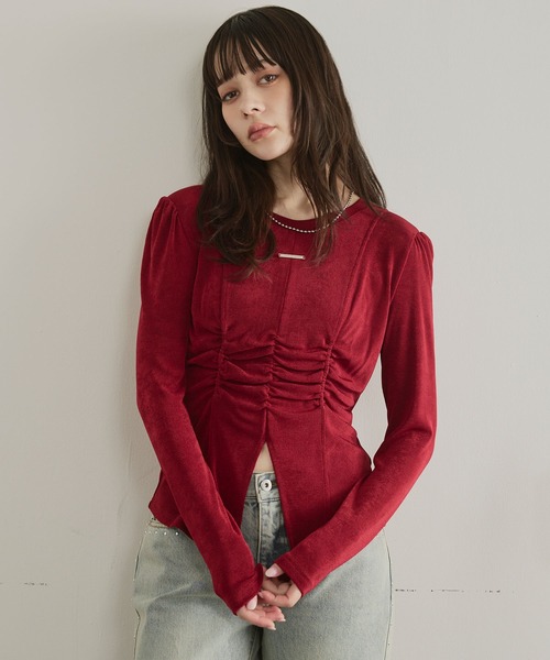 ELLEgirl(エルガール)の「フロントスリットシャーリングデザイントップス【ELLEgirl/エルガール】(Tシャツ/カットソー・レディース・ブラウン/レッド・FREE)」の16枚目の写真