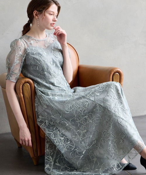 ビオラフラワーモチーフスパンコール刺繍袖付きパーティードレス 結婚