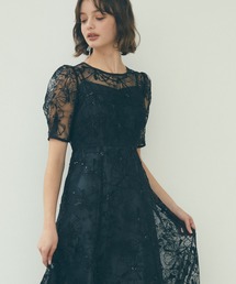 AIMER | ビオラフラワーモチーフスパンコール刺繍袖付きパーティードレス　結婚式　お呼ばれ　ドレス　20代 30代 40代(ドレス)