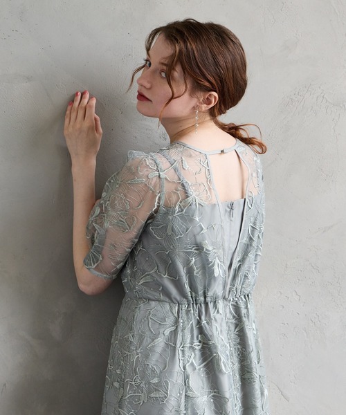 ドレス フラワーモチーフスパンコール 刺繍ミモレ丈袖付きパーティードレス セール】フラワーモチーフスパンコール刺繍ミモレ丈袖付きパーティー