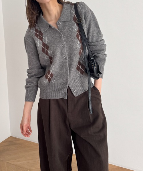 CANAL JEAN(キャナルジーン)の「El mar アーガイル襟付きニットカーディガン(カーディガン/ボレロ・レディース・ブラウン/グレー・ONE SIZE)」の1枚目の写真