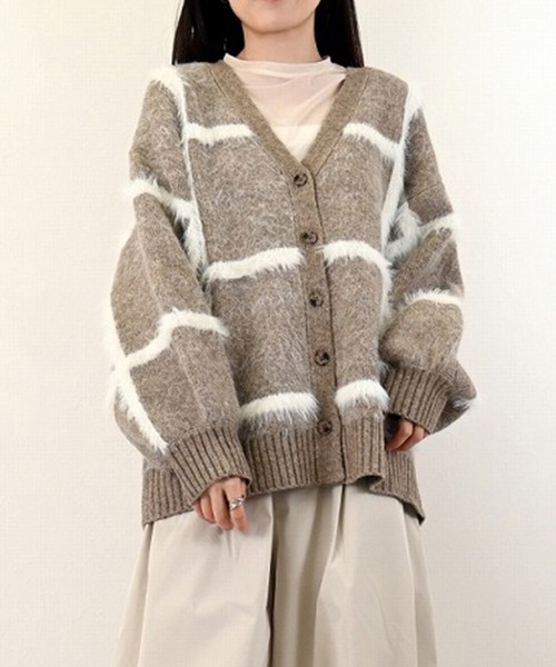 シャギーチェックニットカーディガン