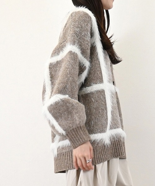 シャギーチェックニットカーディガン